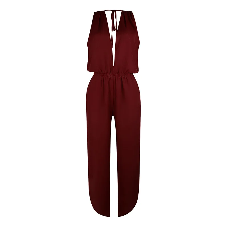 

Women's Sleeveless Solid Color Backless Split Jumpsuit Summer Jumpsuit Women Khaki Black Wine Red Color Pants
