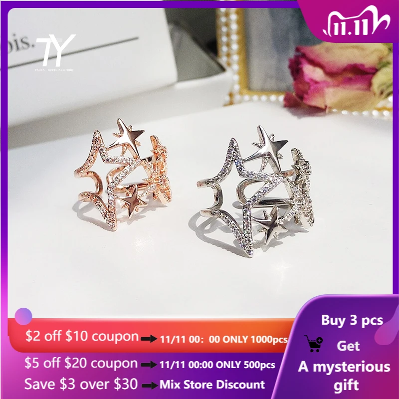 

2020 New Korea Luxury Zircon Hollow Star Shaped Open Rings For Woman Wedding Finger Jewelry Party Girl's Sexy Unusual Ring