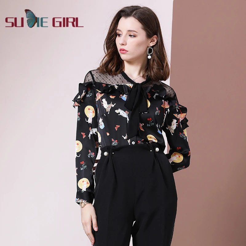 

SUDIE Girl 2020 autumn and winter women's black fun-type printing scheming fluttering chiffon shirt top women