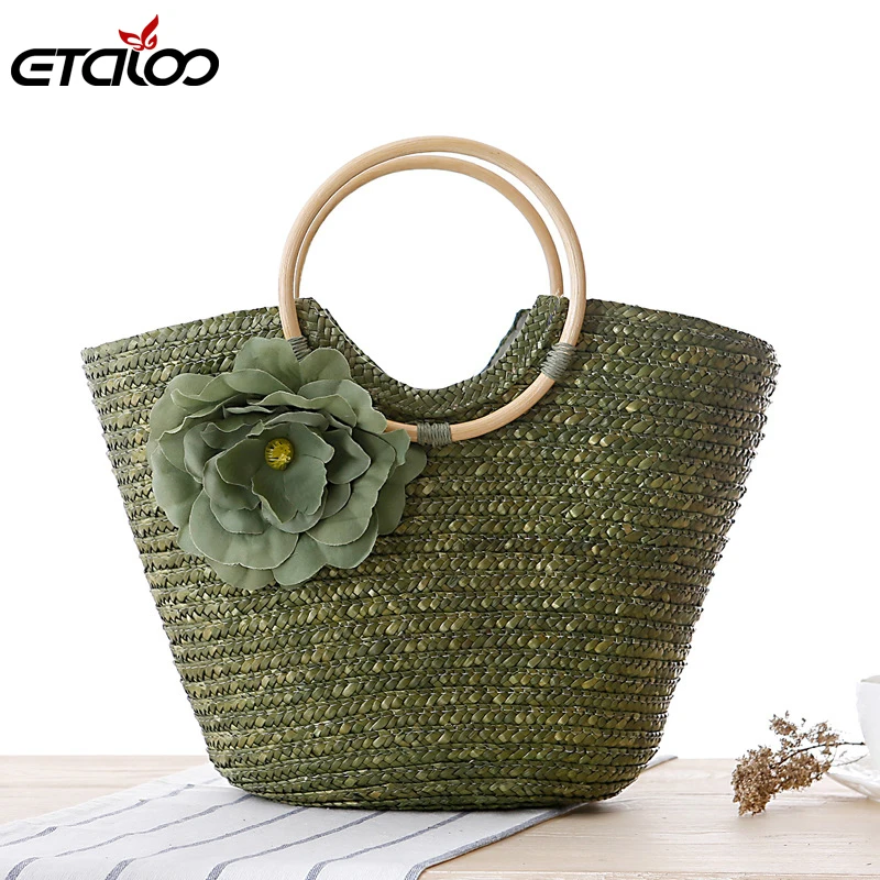 Женская летняя сумка плетеная ручная для макияжа соломенная с цветами пляжная