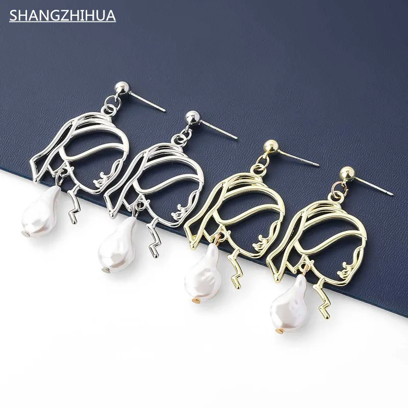 

SHANGZHIHUA Retro face design beauty head earrings geometric luxury temperament women in the long tassel pearl earrings