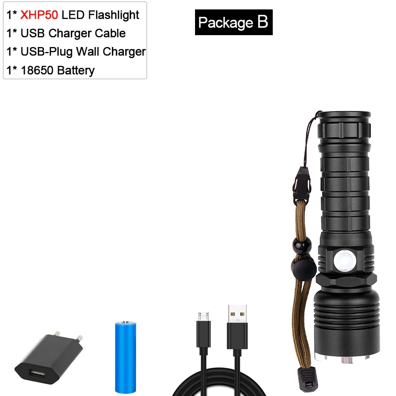 Package B Мощный фонарик XHP70.2 Xlamp светодиодный фонарь XHP50 светодиодный фонарь Водонепроницаемый фонарь с увеличением с батареей 18650 - Испускаемый цвет: Package B