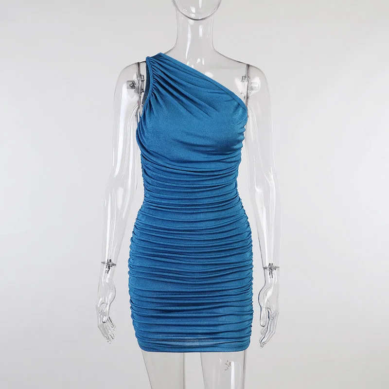 

One Shoulder Ruched Summer Dresses for Women 2021 Sexy Slim Sleeveless Solid Color Blue Black White Mini Bodycon Dress Praty