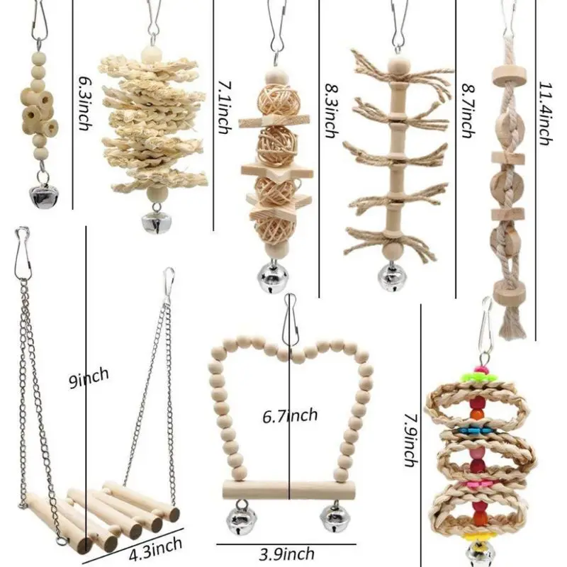 

8 Pcs/set Bird Parrot Swing Chew Toys Natural Wood Hanging Bell Birds Cage Decor