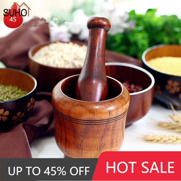 

New Mashing Garlic Mortar Jug Old Fashioned Round Wooden Grinder Smooth Hand Polished Tools for Grinding Spices Grains Pepper