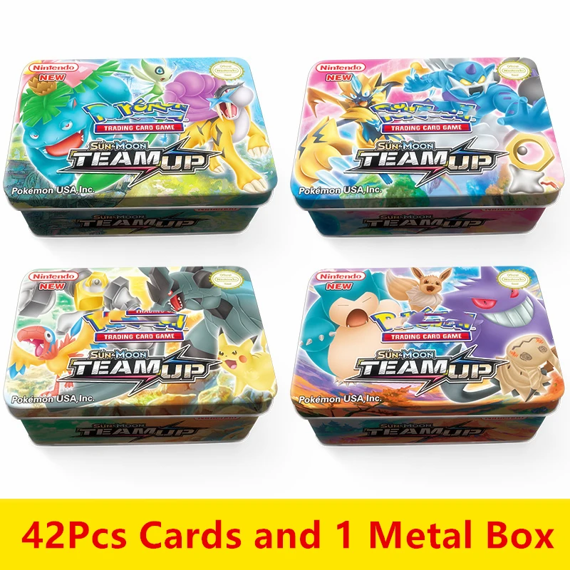 1 box random Аниме 42 шт./компл. Карты Покемон Утюг Металлической Коробке TAKARA TOMY игрушки боевой игры Snorlax Pocket Monster Eevee мультфильм детские рождественские подарки - Цвет: 1 box random