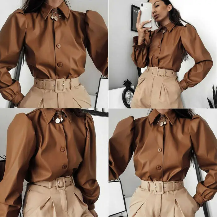 Женская блузка из искусственной кожи с длинным рукавом-фонариком и воротником на