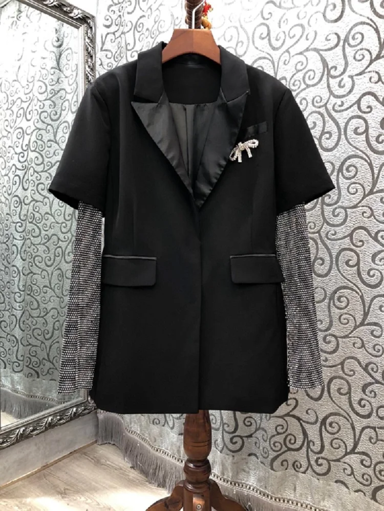 

2020 Autumn Fashion Blazer Jacket High Quality Women Notched Crystal Beading Deco Long Sleeve Black White Blazer Coats Outwear