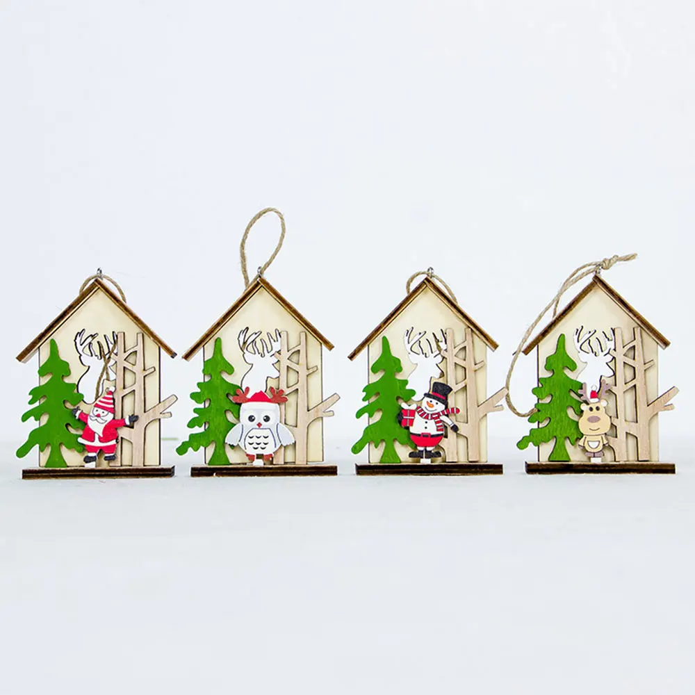 

LED Christmas Tree House Wooden Pendants Ornaments Xmas DIY Wood Crafts Kids Gift for Home Christmas Party Decor Navidad Decor