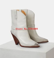white leather lamsy ankle boots western metal insert toe heel pointed toe 9cm conical heel shoes