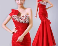 formal gown vestidos new hot sexy one shoulder red taffeta long mermaid 2018 prom party gown crystal beading bridesmaid dresses