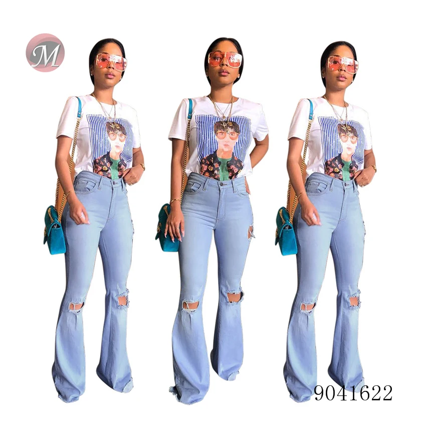 Женские новые модные эластичные джинсовые расклешенные брюки |