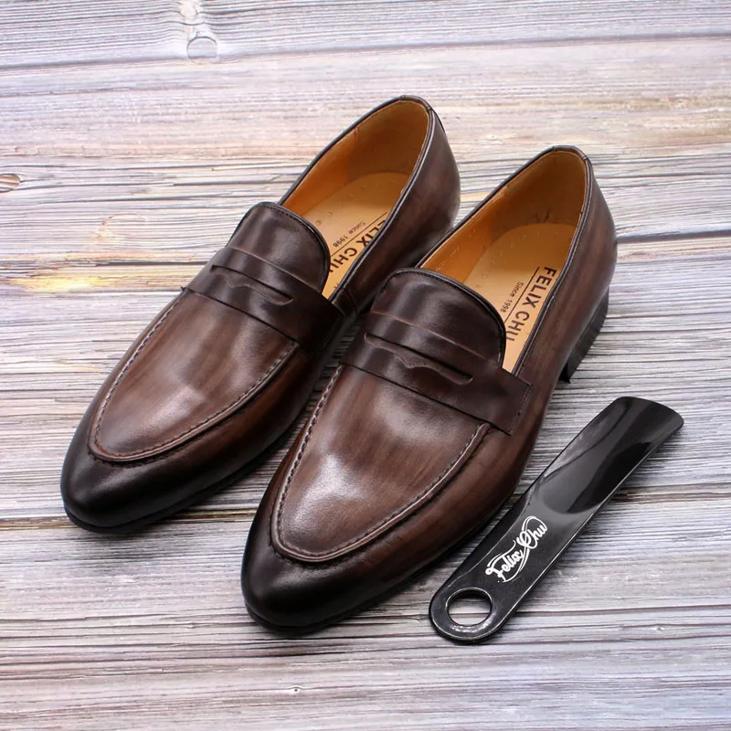 

Spring Autumn Stylish Mens Penny Loafers Genuine Leather Hand Painted Slip On Men's Dress Shoes Wedding Casual Business Shoes