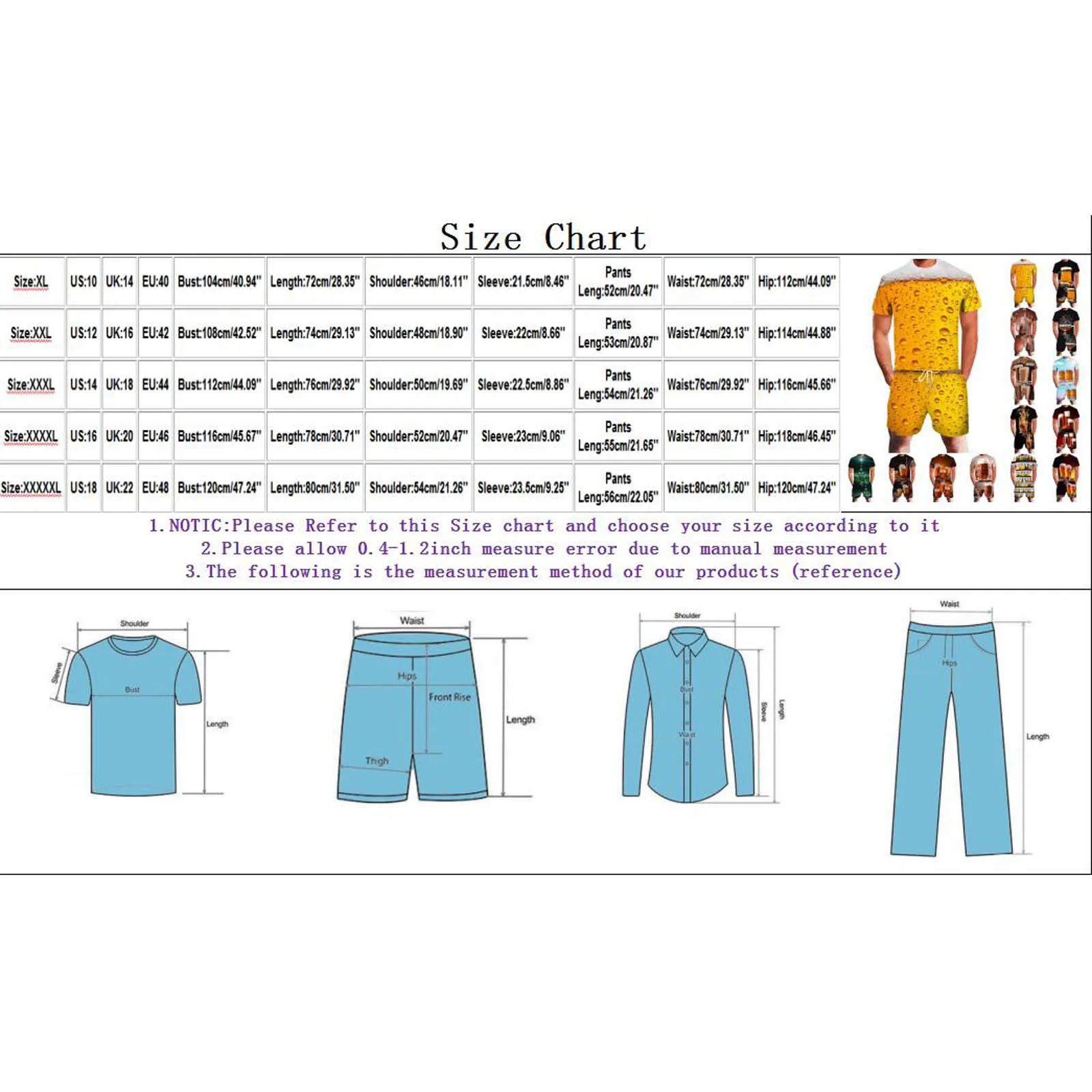 

3d Beer Print Men's Sets T-shirt + Shorts Summer Casual Sports Plus Size Tracksuit Fitness Running Two-piece Camiseta Hombre