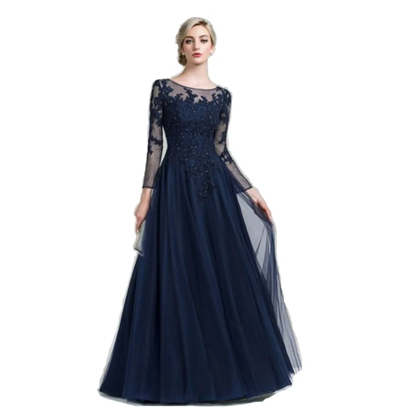 Платье трапеция в пол для матери невесты с длинным рукавом и глубоким круглым