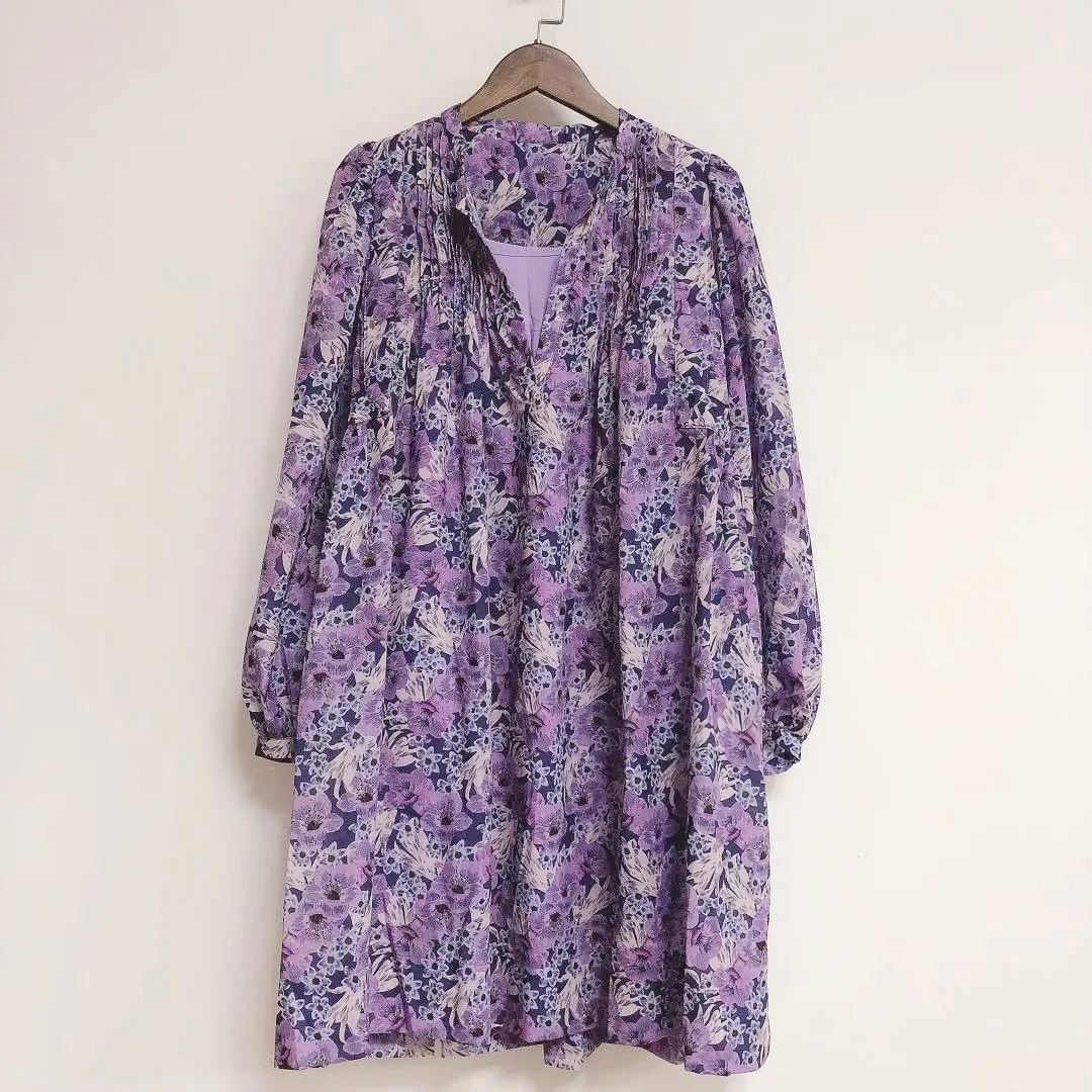 

2021 New Women Loose Flower Dress Purple Long Sleeve V Neck Floral Printed Mini Dress Spring Summer Robes