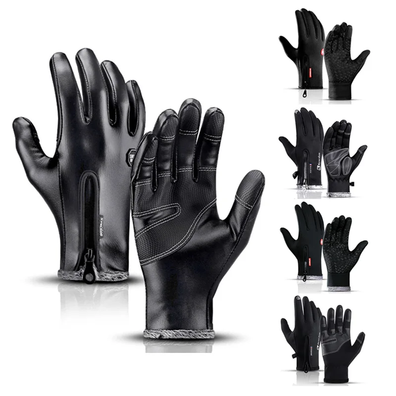 9 Styles Mens Winter Black Gloves Non-Slip Touchscreen Waterproof Warm Cold Gloves Outdoor Cycling Driving Zipper Gloves For Men