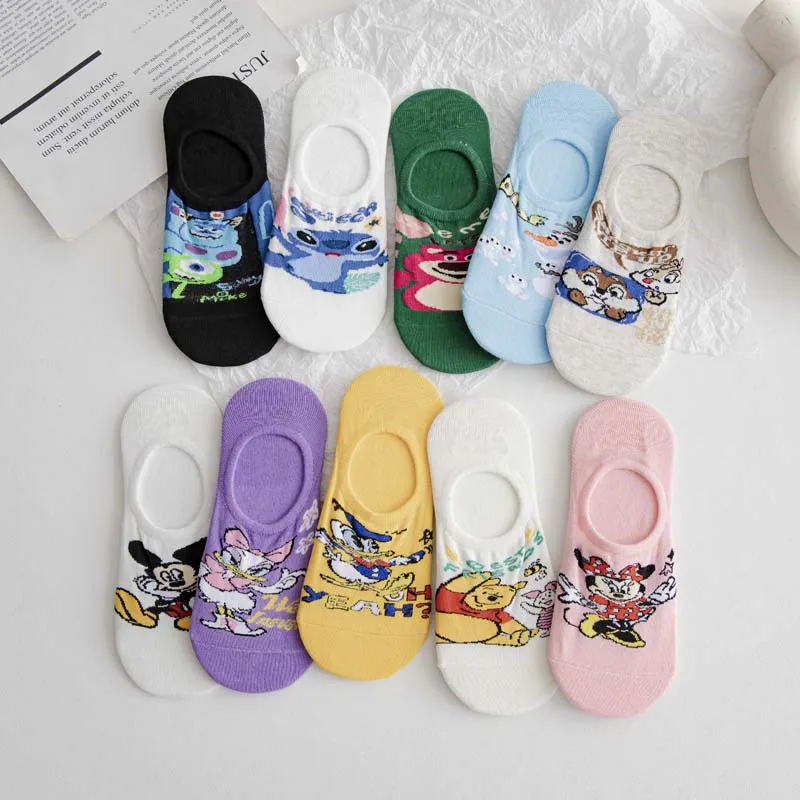 5 Pairs Disney Summer women socks kawaii Cartoon Animal Bear mouse Socks Cute Funny Invisible cotton girl Ankle Sock Size 35-40