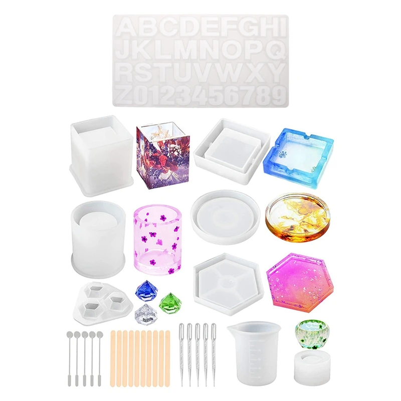 

36PCS Alphabet Letters Numbers DIY Silicone Mould with 28Pcs Silicone Coaster Ashtray Molds for Resin Casting