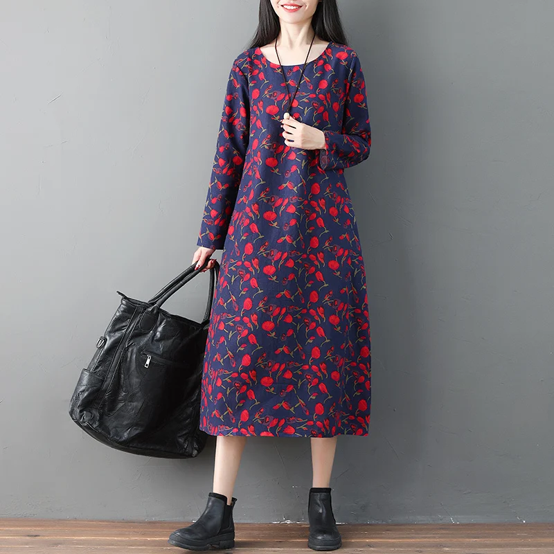 Женское платье из хлопка и льна на лето весну 2020 повседневное длинное с цветочным