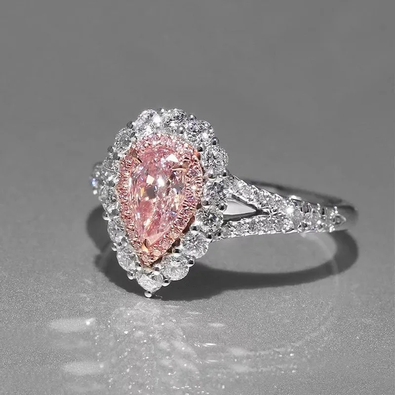 

Trendy Pink Water Drop Geometric Crystal Copper Ring Inlaid Rhinestone Zircon Women's Wedding Engagement Jewelry