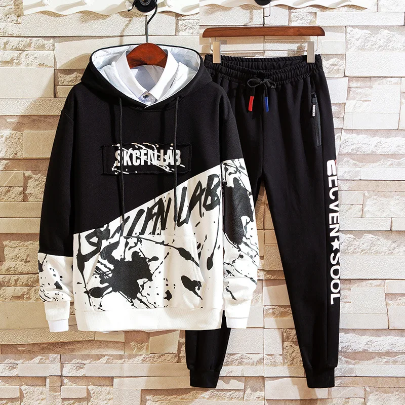 

autumn new 2021 youth sports track suit homme printing casual male hooded alphabet hip hop tracksuit men hombre two piece set