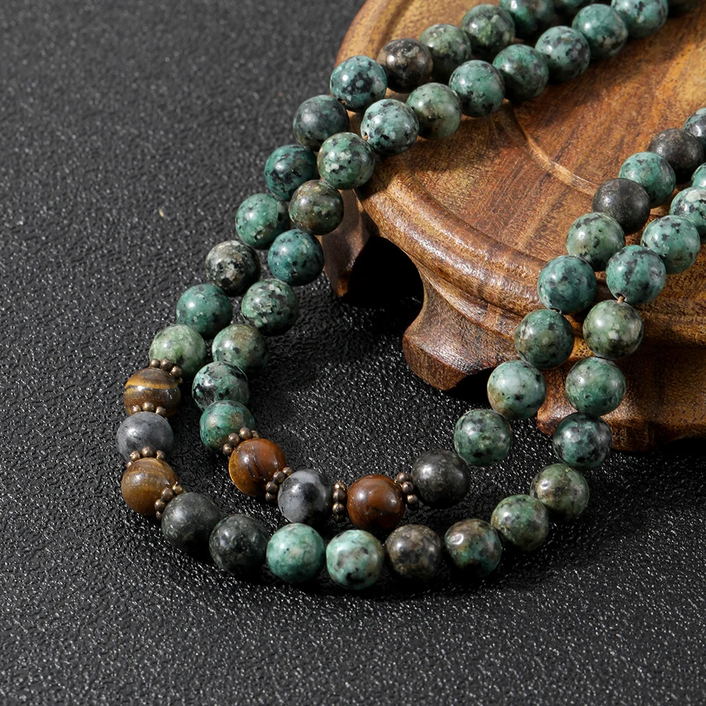 OAIITE 108 Beads African Turquoise Tiger Eye Stone Necklace Golden Buddha Head with Long Tassel Knotted Mala Jewelry | Украшения и