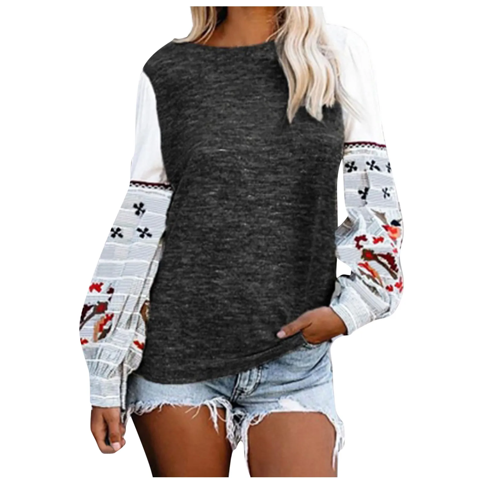 59# Hoodies For Women Long Sleeve Round Neck Hoodies Horse Girl Splicing Women Tops Kawaii Girls Youth Casual Cute Sweatshirts