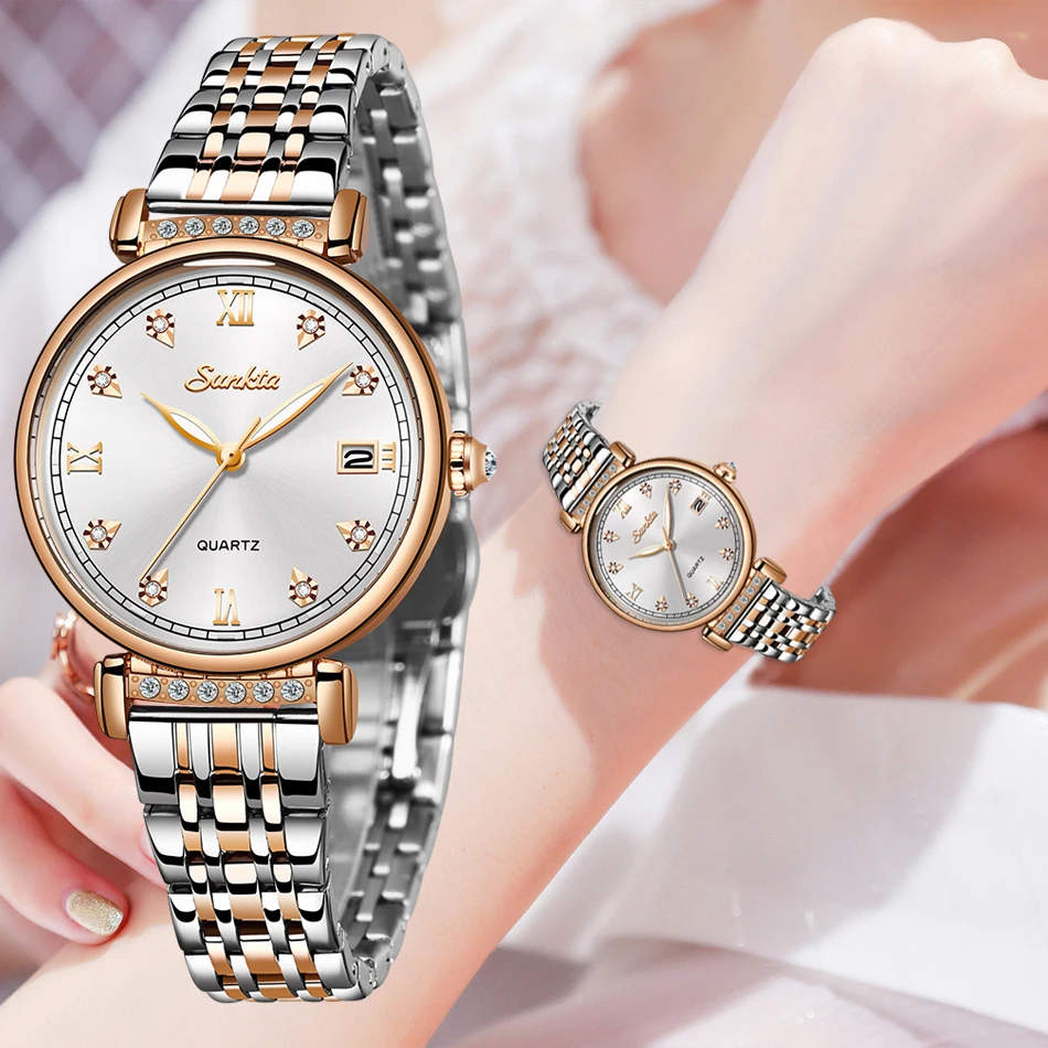 Часы наручные SUNKTA женские из нержавеющей стали брендовые Роскошные модные