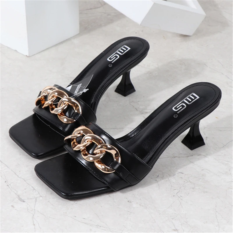 

Summer Women's Slippers Women Sandals 6cm Heels Shoes Female Golden Metal Chain Ladies Slipper Fashion Casual Slides Mules