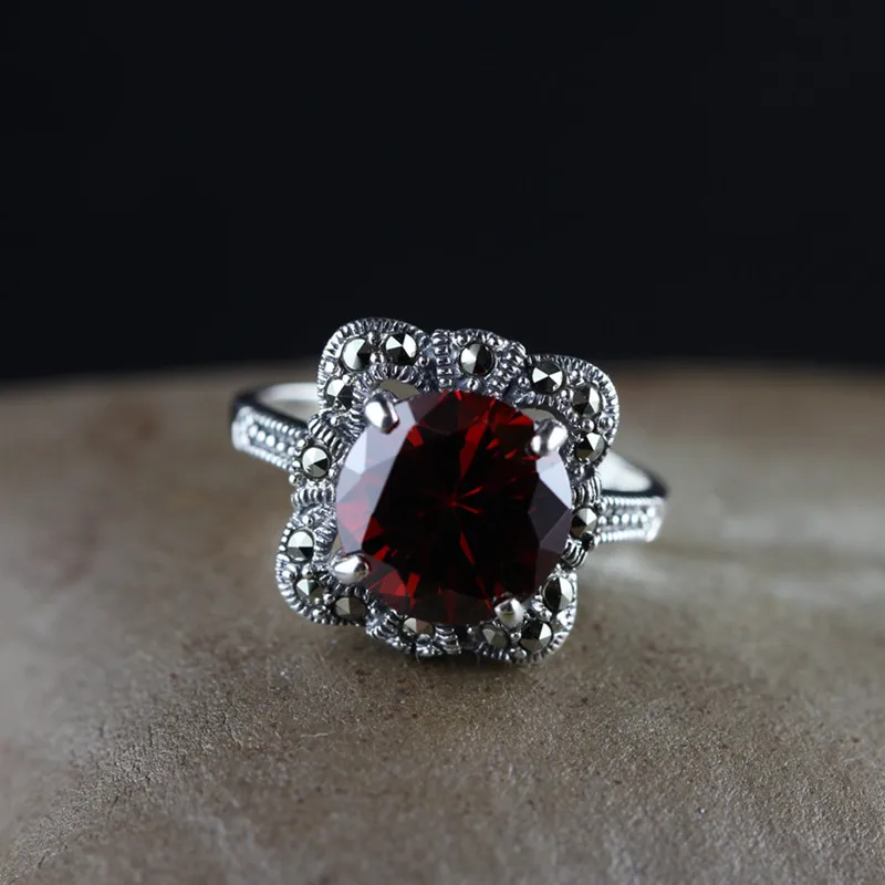 Подлинное Твердое Серебро 925 пробы винтажные Ретро Кольца для женщин гранат