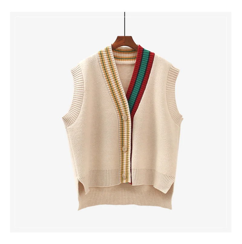 

women patchwork cardigan knitted single breasted sleeveless sweater vest vintage cute cardigan women clothes v-neck striped vest