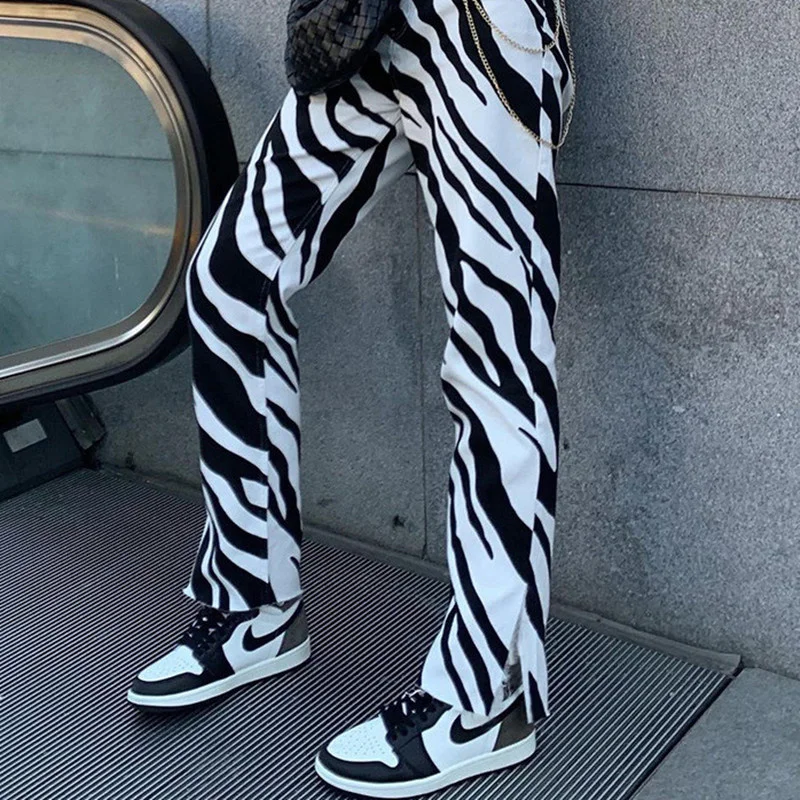 

Print Zebra Wide Leg Pant Fashion High Street Vintage Split Pants Autumn Winter 2021 High Waist Button Loose Pocket Women Pant