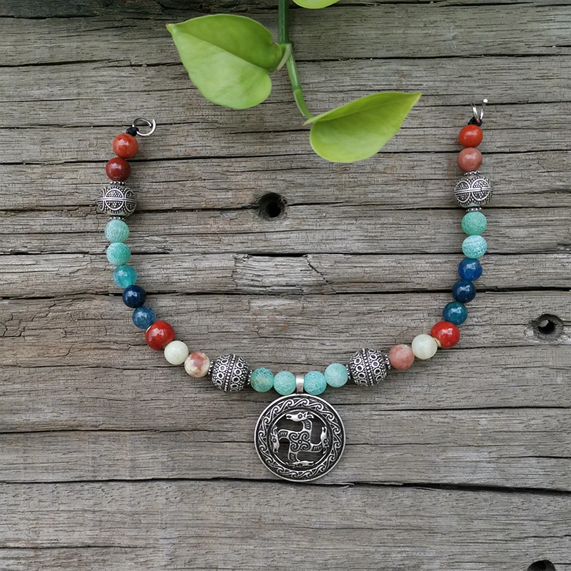 Этническое ожерелье каменные бусы тигровый глаз зеленый оникс кулон дракона