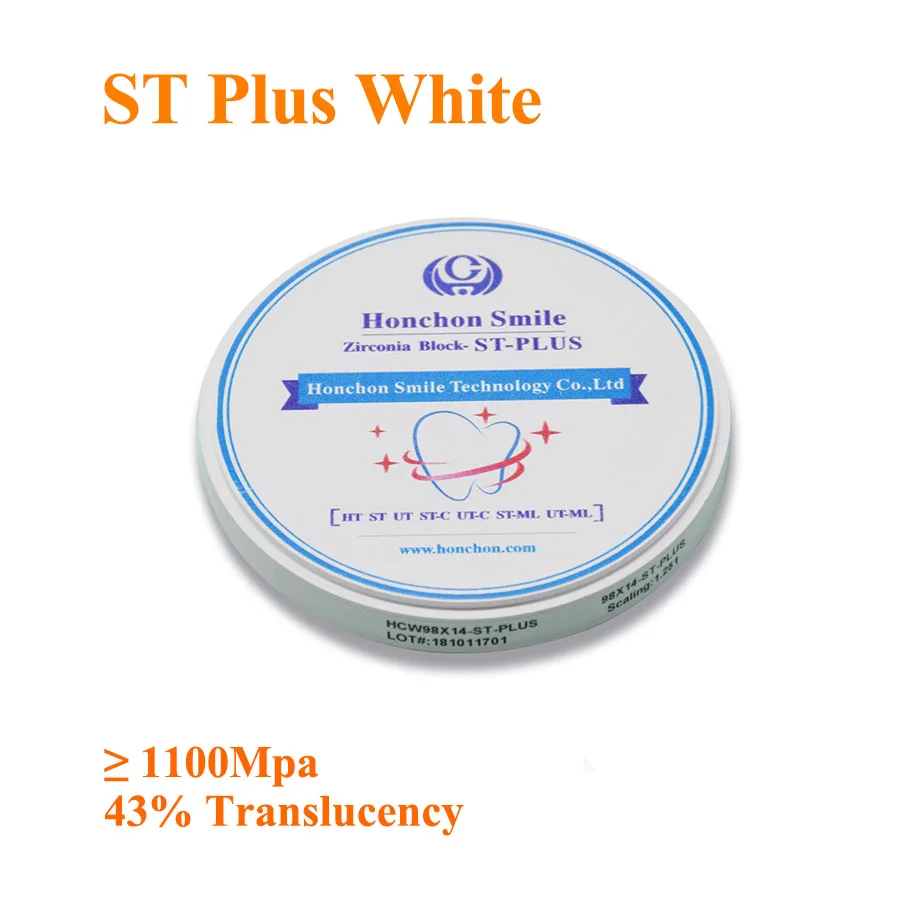 ST-PLUS 98*16mm CAD/CAM dental zirconia blank High Strength Super 43% Translucency/ zirconia block