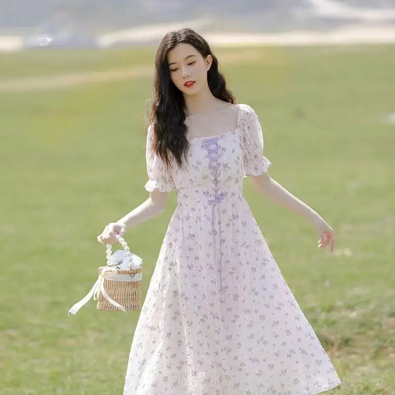 

Square Neck Puff Sleeve Dress Floral Fresh Korean Style 2021 Summer Lace-UpTemperament Vintage Maxi