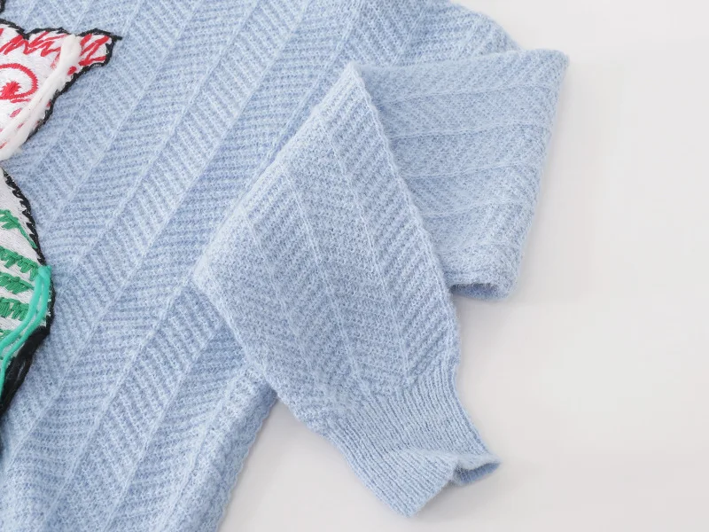 

Pop Art Style Sweater Pullover Lady Runway Luxury Clothes Loose Embroidery Tassel Jacquard Cat Embroidery Blue Women Jumper Tops