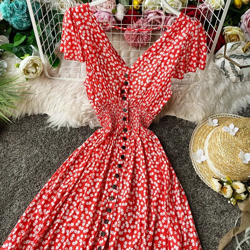 

Ladies Spring Summer New 2021 Open Back Long Length Dress Seaside Holiday Fold Poplin V Neck Short Sleeve High Waist Dress