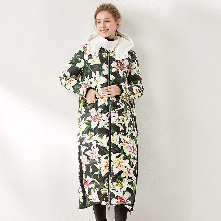 Женский пуховик с принтом утолщенное длинное пальто выше колена зимнее женский