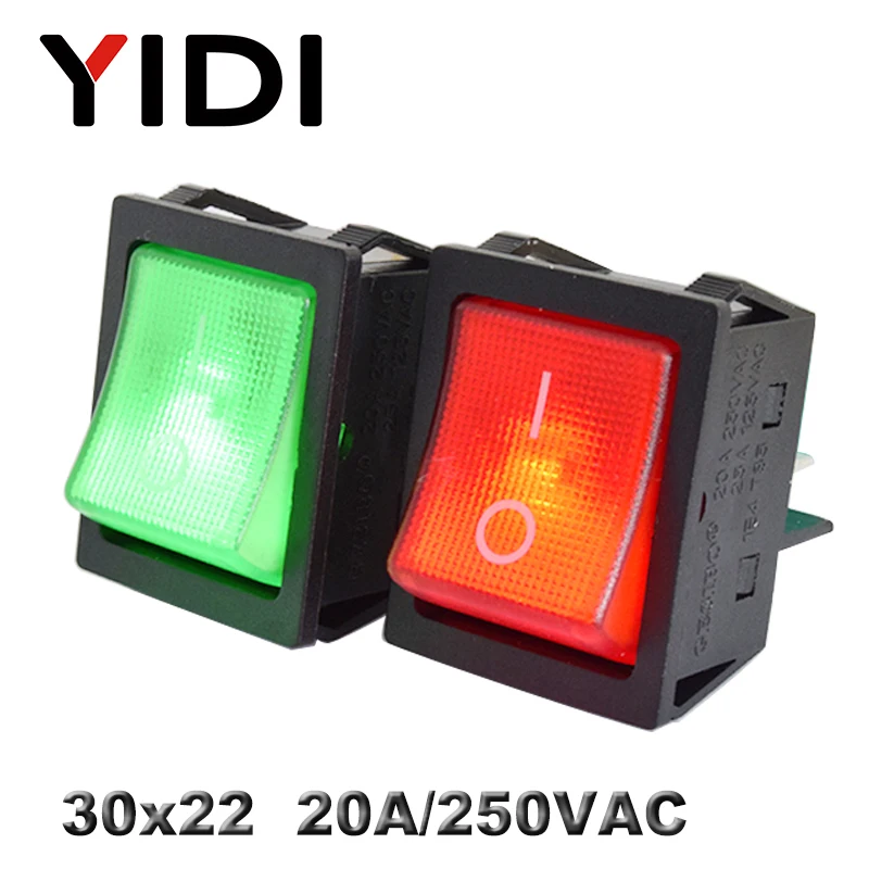 KCD4-201 30x22 30A 250VAC сверхмощный KCD4 кулисный переключатель 20A 250VAC DPST вкл. Выкл. Фиксация 12V 220V красный зеленый синий светодиодный с подсветкой