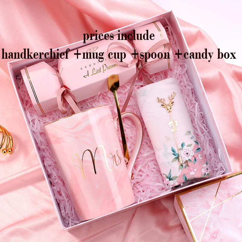 Pink set A Подарок подружки невесты для подруги бойфренда подарки на день рождения розовый синий керамическая чашка носовой платок Брошь год Свадьба возврат подарки - Цвет: Pink set A