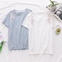 doujili hot summer white blue t shirts hot sale flower printing soft cotton tops for women casual wearing top tees