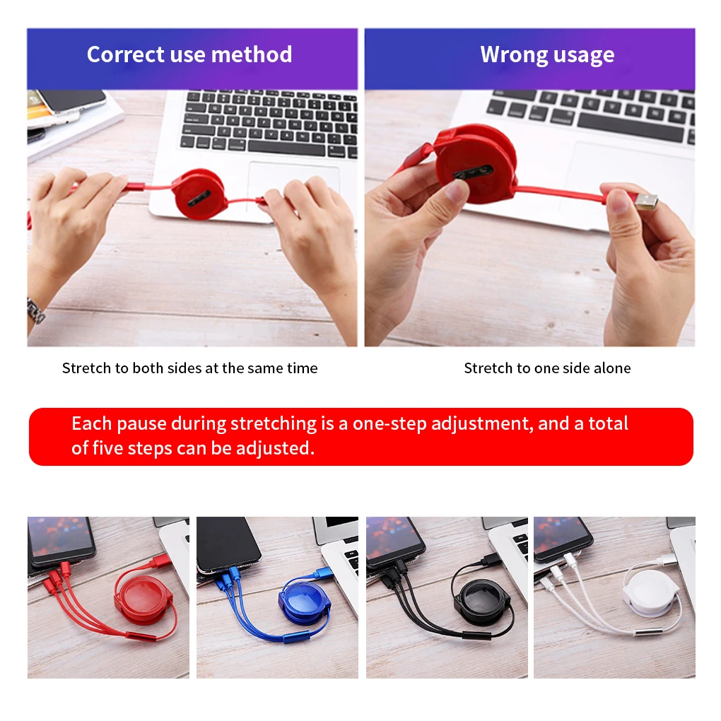 

3 in 1 Charging Cable Mobile Phone Tyep C Charging Cord Retractable Micro USB Phone Cable with 3 Connectors