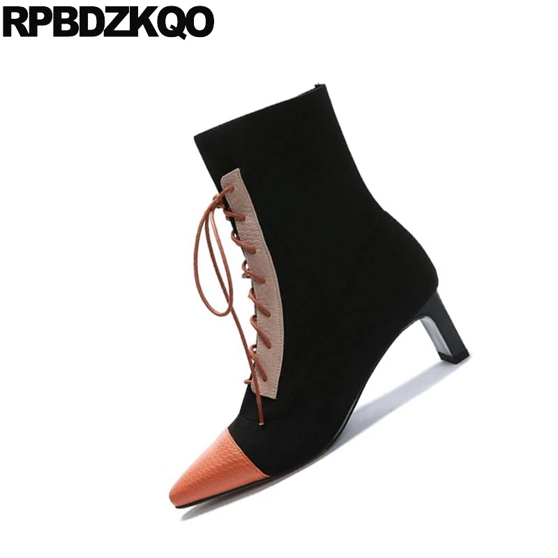 Ботильоны женские на шнуровке спереди с острым носком высоком каблуке|Женские