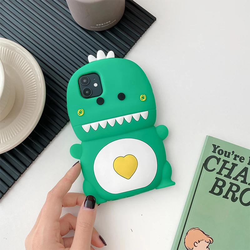 

3D Cartoon Love Heart Dinosaur Phone Case for IPhone 12 Mini 11 Pro Max X XS Max XR 7 8 Plus 2020 SE Silicon Soft Tpu Back Cover