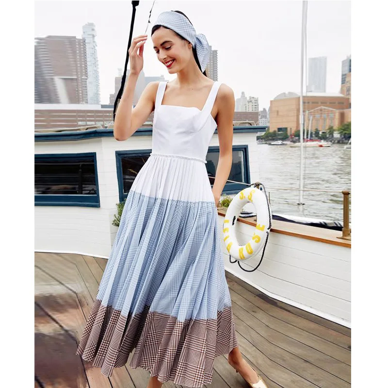 

Summer Slim Suspender Dress Lady Ankle-Length Square Collar Plaid Pleated Dresses Women Sweety Lattice Dress Bohemian Dress