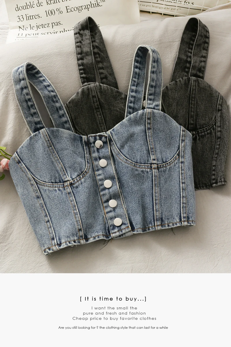 

2021 New Korean Single Breasted Short Slim Denim Halter Top