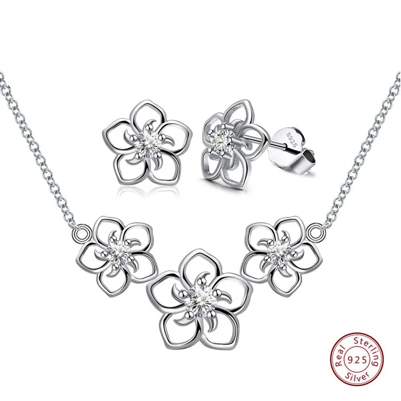 Effie queen 925 пробы серебряные женские ювелирные наборы 4 цвета AAA цветок с цирконом в форме ожерелья серьги-гвоздики ювелирные наборы TSS23 - Цвет камня: Clear Zircon