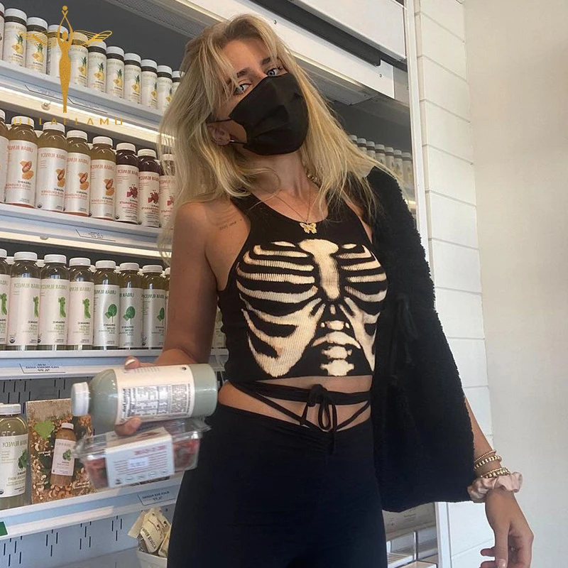 

Gothic Tank Top Womens Streetwear Skinny Brown Cropped Tops Skull Print Cotton Bottom Vest Knitwear Ladies Sleeveless Sexy Tanks