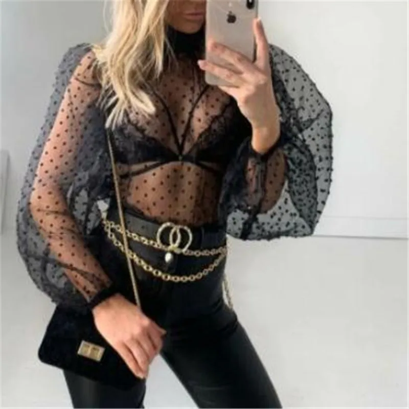 Прозрачные сетчатые свободные блузки новая мода прозрачные в горошек с пышными